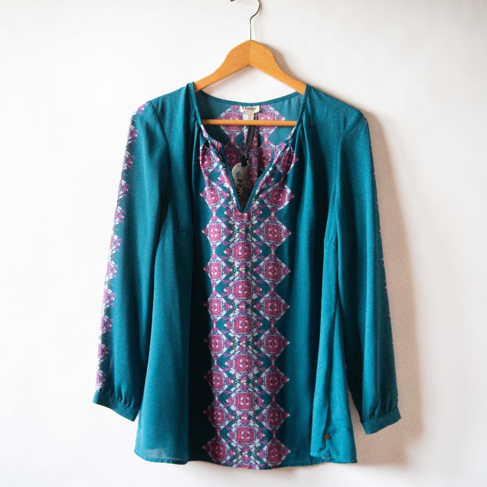 Hatley Morrocan Teal Pleated Neckline Long Sleeve Blouse